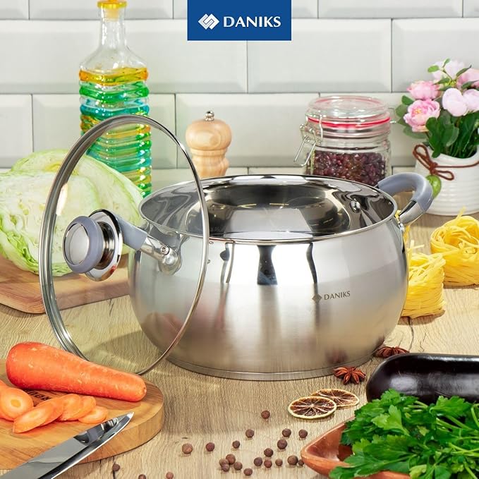 Daniks Modern 6-Piece Stainless Steel Induction Cookware Set – Dishwasher Safe Pots with Heatproof Handles, Glass Lids, Silver
