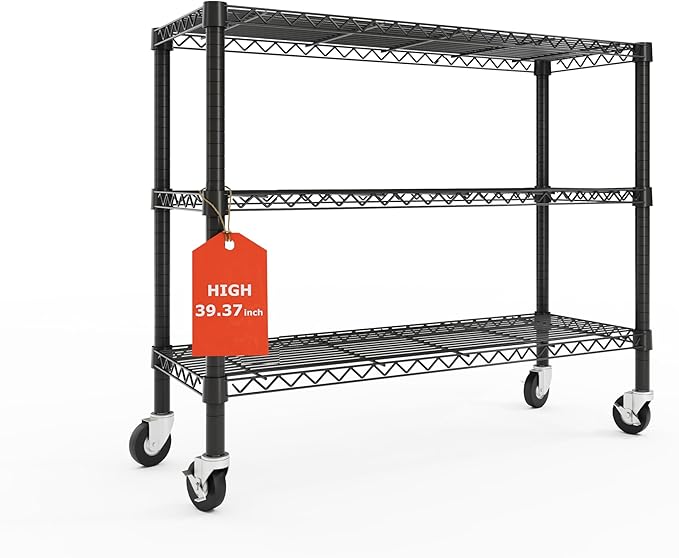 3 Tier Storage Shelves with Wheels Wide Wire Shelving Unit 39.37" H Tall, 350lbs per Shelf Metal Shelves for Storage Sturdy Heavy Duty Shelving Deep Pantry Shelves Storage Rack