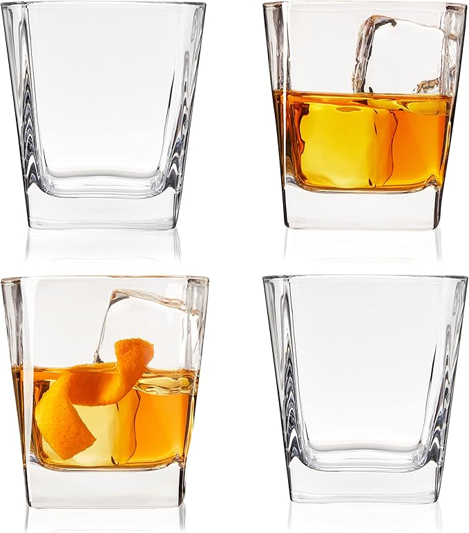 TRUE Square Rocks Glass, Old Fashioned Whiskey Glasses, Superb Drinking Cups for Cocktail Party, Home Bar, Bartender Accessories, Set of 4, 10 oz
