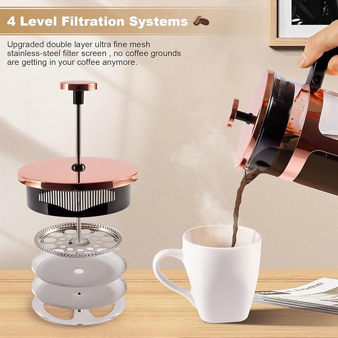 French Press Coffee Tea Maker， Upgrade Heat Cold Resistant Thickened Glass with 4 Level Stainless Steel Filtration System Brew Coffee & Tea， BPA Free, Large 1000ml 34oz,Rose Gold