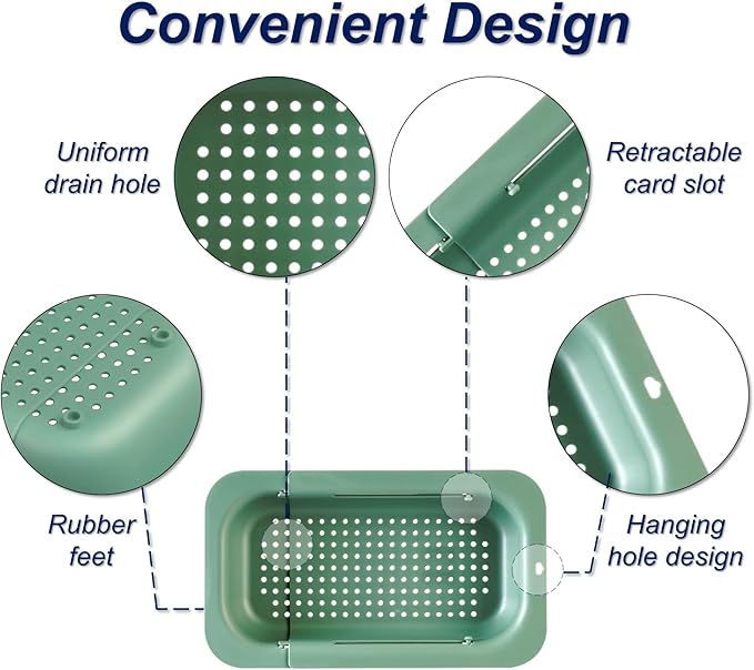 Extendable Sink Colander Strainer Basket - Wash Vegetables and Fruits, Drain Cooked Pasta and Dry Dishes - Adjustable Over the Sink Colander Collapsible Drainer Basket - Green