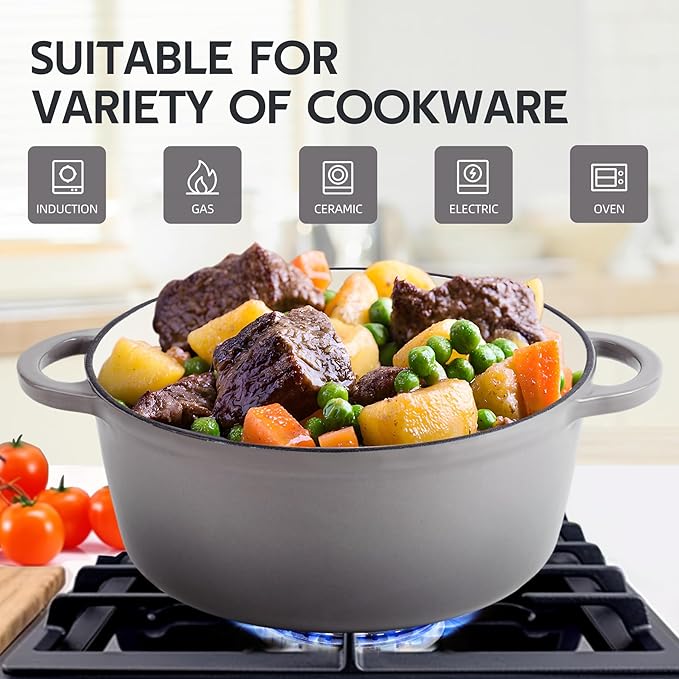 3 Quart Dutch Oven Enameled Cast Iron with Lid - Big Dual Handles - Oven Safe up to 500°F - Classic Round Pot for Versatile Cooking Light Gray