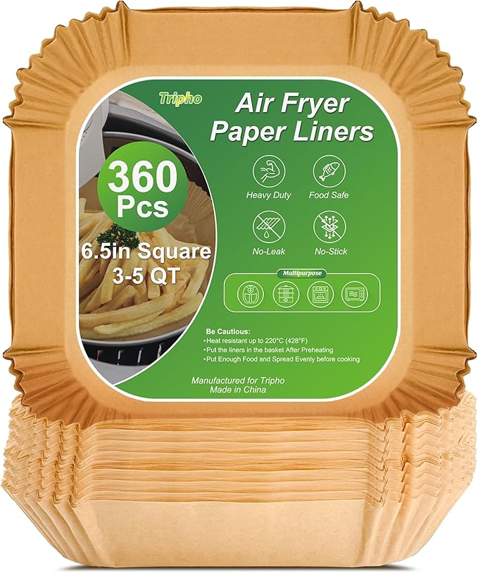 360 Pcs 6.5” Square Unbleached Heavy Duty Air Fryer Paper Liners Disposable, Non-Stick & Non-Leak Parchment Paper Liners for Airfryer Basket, Deep Fryer Parts & Accessories