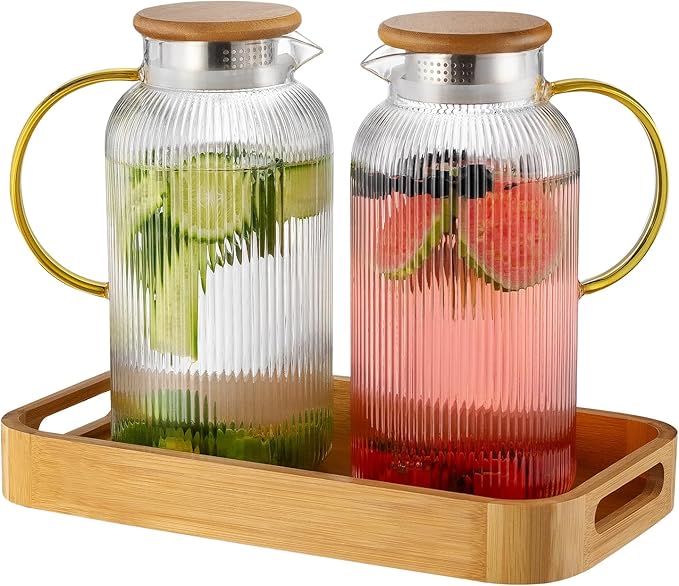 Glass Pitcher with Lid, 2 PACK 68 oz/2 Liter Vertical Water Pitcher With Serving Tray, Clear Borosilicate Glass Water Carafe for Cold Brew, Coffee, Lemonade, Iced Sun Tea,Beverage,Heat Resistant