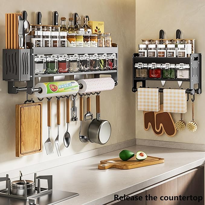 Hanging Wall Mount knife Wall Mount,Condiment Cup, Space-Saving Knife Rack with Hooks, Kitchen Organizer Storage Shelf for Utensils Spatula Spoon, Kitchen Utensil Hanger (Black, 40cm+5Cups+8Hooks)