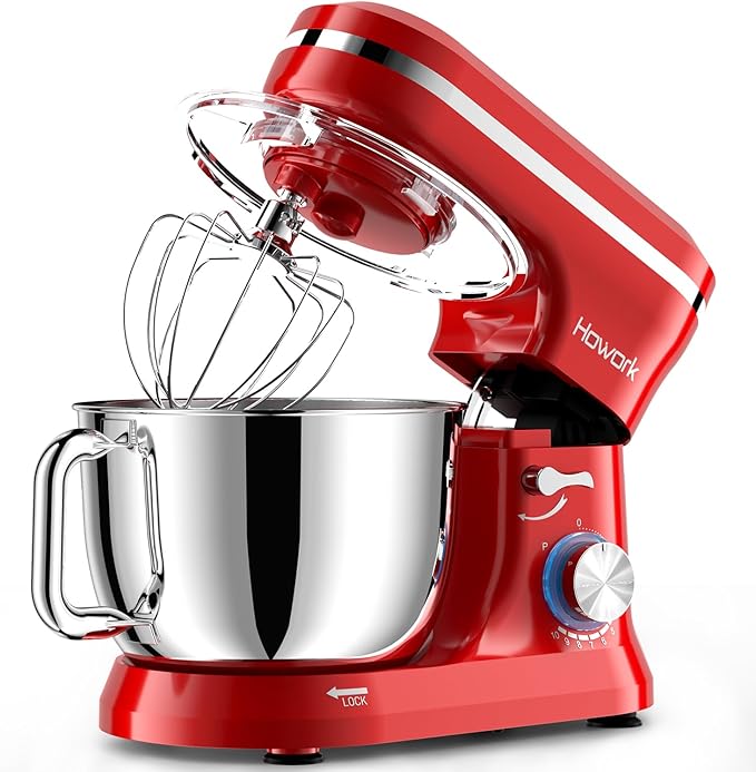 HOWORK Electric Stand Mixer,10+p Speeds With 6.5QT Stainless Steel Bowl,Dough Hook, Wire Whip & Beater,for Most Home Cooks,Bright Red