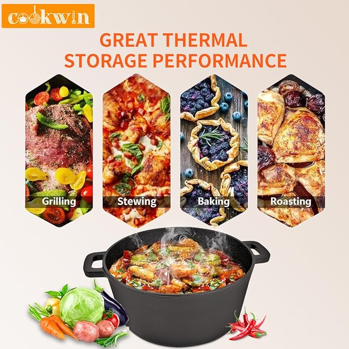 2-in-1 Dutch Oven,Cast Iron Dutch Ovens,Dutch Oven Pot,5.5 Quart Cast Iron Pots,Pre-Seasoned Dutch Oven with Pans Set,All-in-One Cookware Set for camping lodge or RV