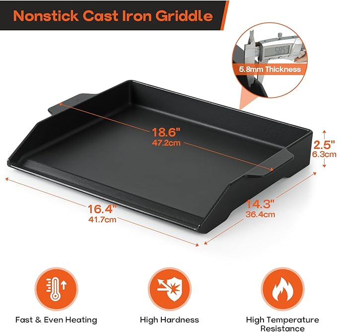 Onlyfire Universal Cast Iron Cooking Griddle, Nonstick Coating Griddle Flat Top Grill Plate with Extra High Sidewalls for Charcoal, Gas Grills and Range Oven, 18.5" × 14"