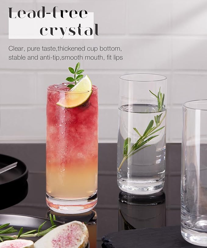 LUNA & MANTHA Highball Glasses Set of 6, 13 OZ Drinking Glasses, Lead-Free Crystal Water Glass, Tall Glass Cups for Cocktail, Tom Collins, Mojito, Mixed Drink, Kitchen and Bar Glassware