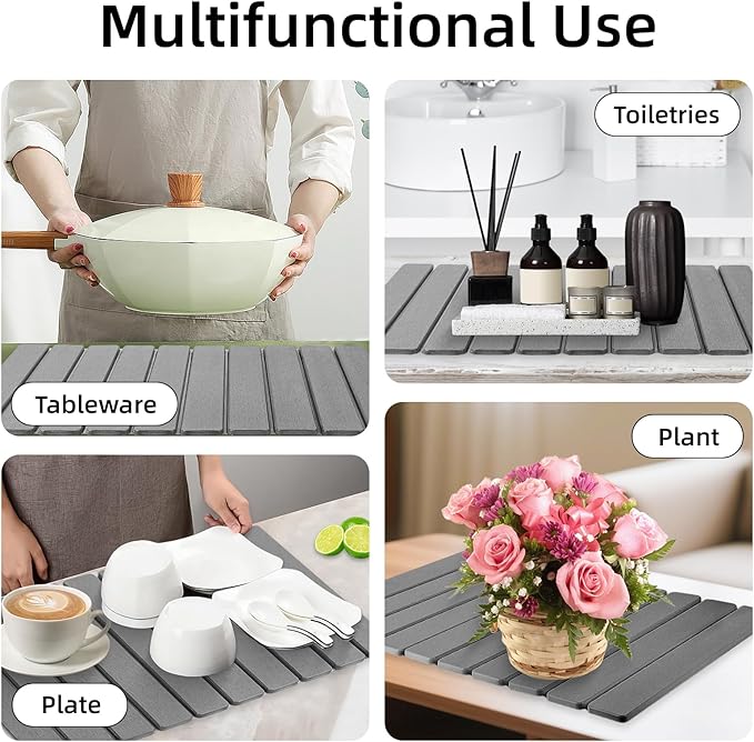 Stone Dish Drying Mat,24"(L)×16"(W) - Fast-Drying, Collapsible Kitchen Counter Mat for Dishes, Cups & Bottles with Sanding Tool + Placemat, Dark gray