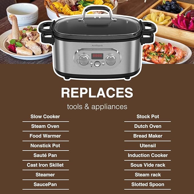 10-in-1 Programmable Slow Cooker with Timer, 6.8 Quart Crock Pot, Presets to Sous Vide, Bake, Sauté, Cook Rice& More, Nonstick Dishwasher-Safe Pot, Adjustable Temp&Time, Stainless Steel