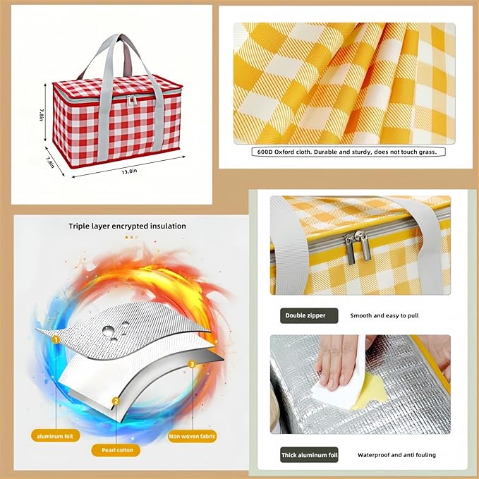 2pcs Insulated Reusable Food Picnic Bag Beach Bags, Beach Bag Cooler Bags with Zippered Top - Insulated Bag for Hot or Cold,Picnic Basket Collapsible, Outdoor Party, Camping,Festivals (A)