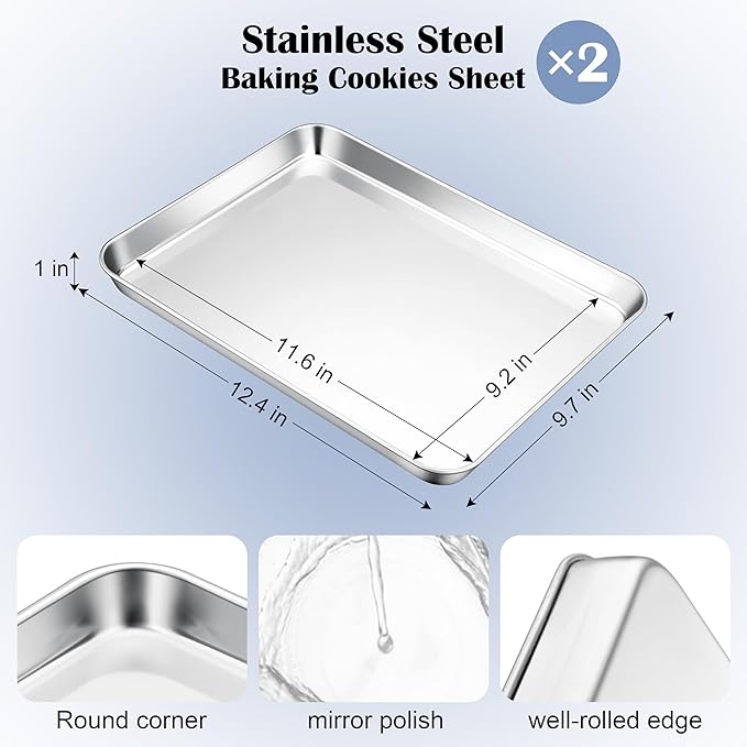 E-far Stainless Steel Baking Sheets, 12.4” x9.7” x 1” Baking Cookie Sheets Pans for Oven, Non-toxic Metal Trays for Cake Cookies, Healthy & Rust Free, Mirror Finish & Dishwasher Safe, 2 Pack