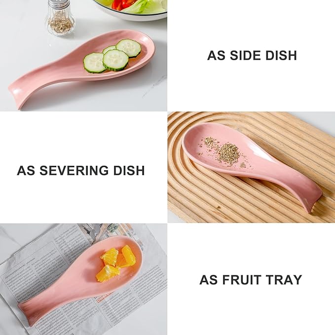 Hasense Spoon Rest for Stove Top, Large Ceramic Spoon Holder for Kitchen Counter, Cooking Utensil Rest for Spatula Ladle Spoon and Tong, Kitchen Spoon Rest for Home and Coffee Bar Accessories, Pink