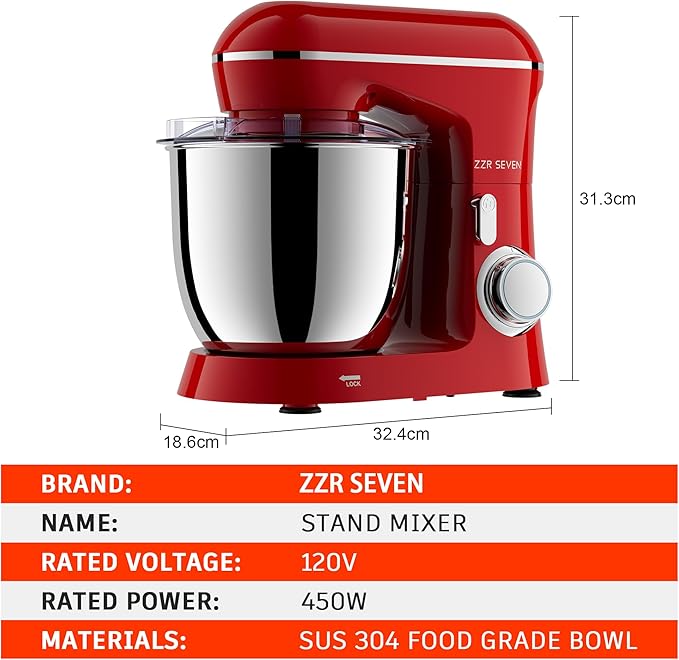 Stand Mixer, 5.5 Quart, 10 Speed Tilt-Head Food Mixer, Kitchen Electric Mixer with SS Bowl, Copper Motor, Beater, Dough Hook, SS Egg Whisk (450W Red)