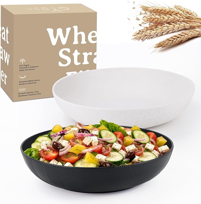 Wheat Straw Salad Bowls,65oz Unbreakable Wide and Shallow Dinner Bowls Set of 2,Microwave Safe Reusable Plastic Salad Bowls for Kids, Adults,Salad,Camping,RV.Black and White