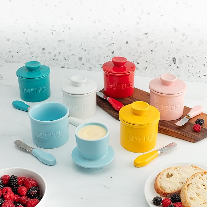 Zulay Kitchen Porcelain Butter Crock With Lid & Knife - Authentic French Butter Dish For Fresh & Spreadable Butter - Forest Green