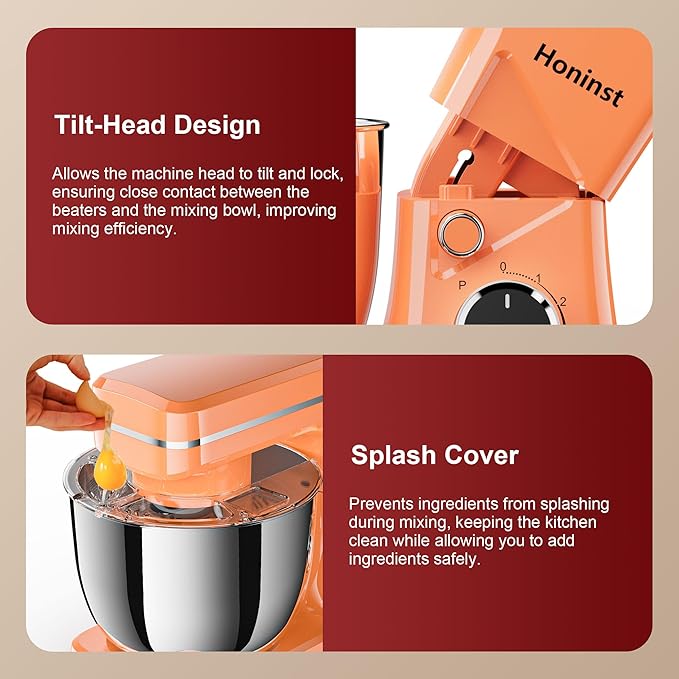 10-Speed Stand Mixer with 8-in-1 Splash Guard, Tilt-Head, 6QT Stainless Steel Bowl+Dishwasher-Safe Dough Hook/Whisk/Beater/Spatula for Baking Bread, Cakes, Cookies, Orange