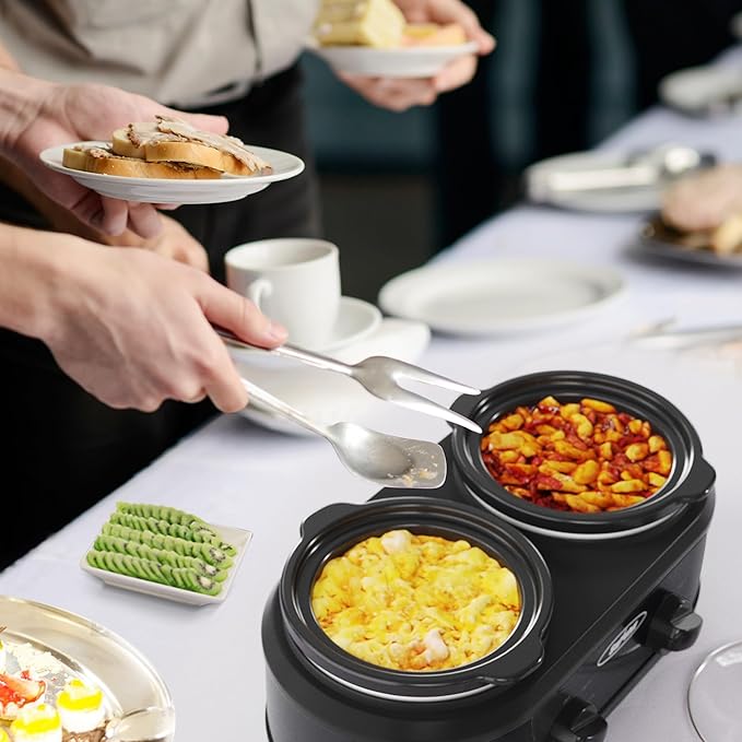 2 * 1.25 Quarts Dual Slow Cooker, Buffet Server & Warmer with 2 Removable Ceramic Pots, 3 Adjustable Temp Settings & 2 Visible Glass Lids, Stainless Steel, Black