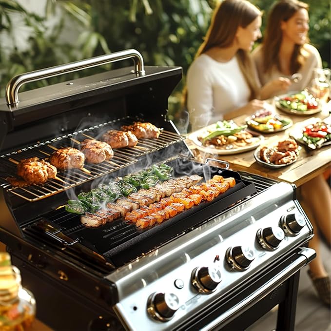 LotFun 17" x 13" Carbon Steel Cooking Griddle for Outdoor Gas Grill, Universal Griddle Flat Top Plate Insert with Grease Groove and Removable Handles for Electric/Charcoal/Gas Grill, Camping,Party