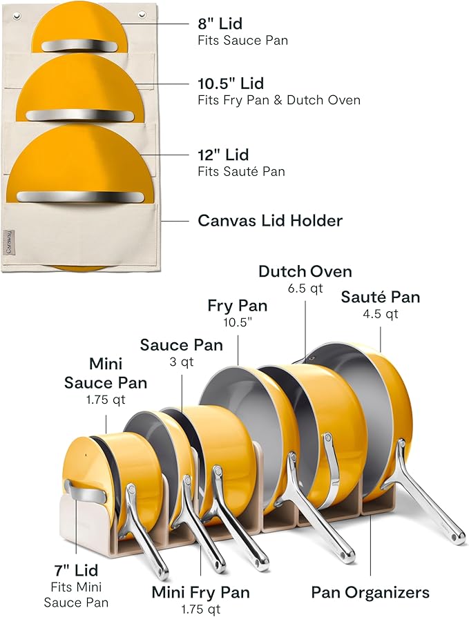 Caraway Deluxe Nonstick Ceramic Cookware Set (16 Piece) Pots, Frying Pans, Lids and Kitchen Storage - PFAS & PFOA Free - Oven Safe Ceramic Pan Set & Compatible with All Stovetops - Marigold