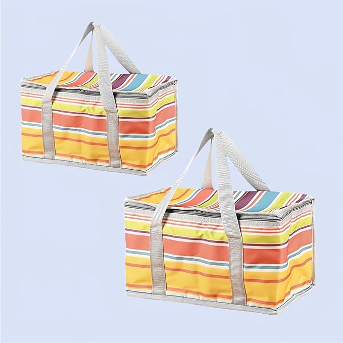 2pcs Insulated Reusable Food Picnic Bag Beach Bags, Beach Bag Cooler Bags with Zippered Top - Insulated Bag for Hot or Cold,Picnic Basket Collapsible, Outdoor Party, Camping,Festivals (C)