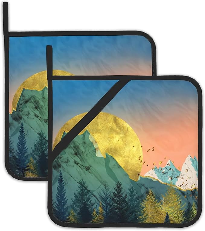 Mountains Sun Nature Scenery Pot Holders Set of 2 Heat Resistant Potholders,Fire Oven Hot Pads for Kitchen Cooking Baking Barbecue