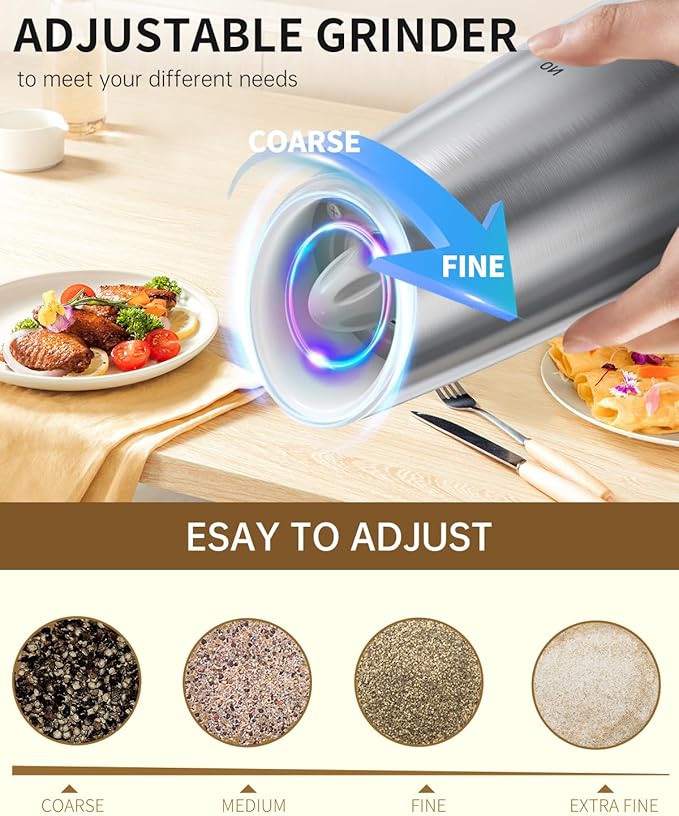 CIRCLE JOY Rechargeable Gravity Electric Salt and Pepper Grinder Set, Stainless Steels Salt and Pepper Mills with LED Light, No Battery Needed, Adjustable Coarseness, Washable 135ml Container, Silver