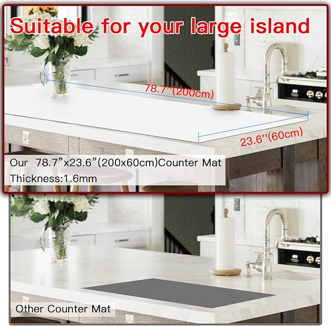 Ultibe Silicone Mats for Kitchen Counter, 78.7''x23.6''(200cmx60cm) Largest Heat Resistant Counter Mat Kitchen Island Waterproof Thicken Non-Slip Countertop Protector Mat, Semitransparent