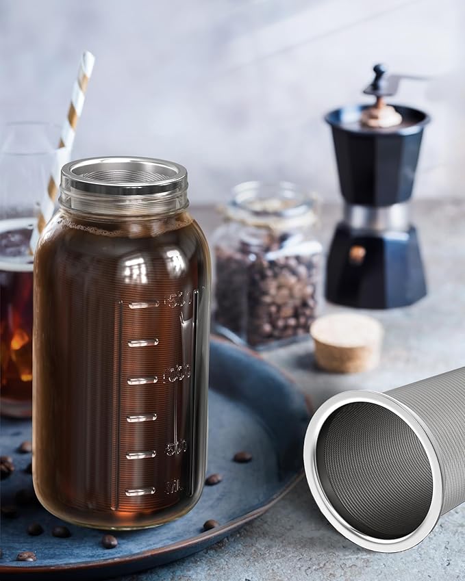 Cold Brew Coffee Filter for 64oz Wide Mouth Mason Jar Pitcher - Fine Mesh, Reusable 304 Stainless Steel Strainer with Sealing Ring, Cold Brew Strainer for Cold Brew Coffee Maker, Tea Infuser