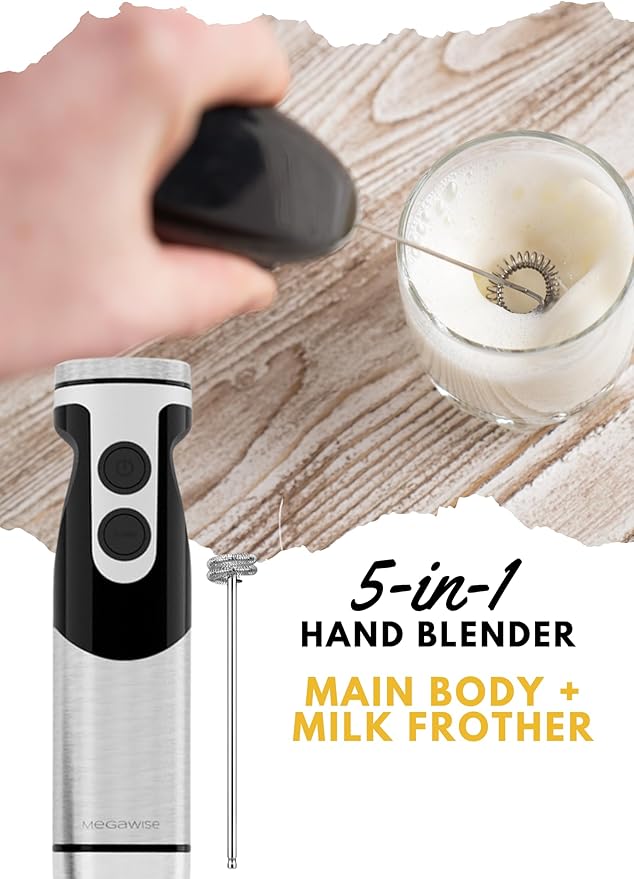 MegaWise Pro Titanium Reinforced 5-in-1 Immersion Hand Blender, Powerful Motor with 80% Sharper Blades, 12-Speed Corded Blender, Including 500ml Chopper, 600ml Beaker, Whisk and Milk Frother (black)