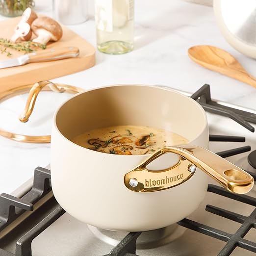 bloomhouse 3 Quart Heavy Duty Aluminum Premium PFA Free Ceramic Nonstick Saucepan with Lid - Almond Cream w/Gold Handle