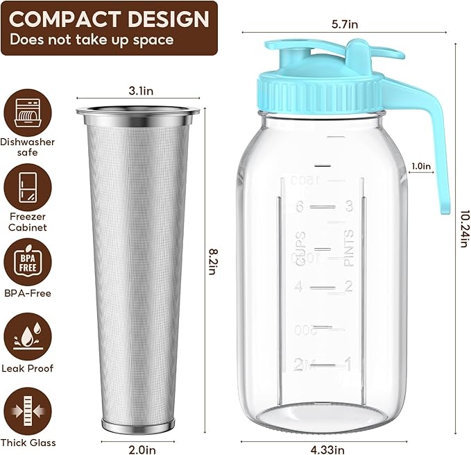 Cold Brew Coffee Maker Jar - 2 Pack 64 oz(2 Quart / 1.9 Liter)Glass Cold Brew Maker with Handle, Stainless Steel Filter&Leak-Proof Lid, Heavy Duty Cold Brew Pitcher for Iced Coffee, Sun Tea, and Milk