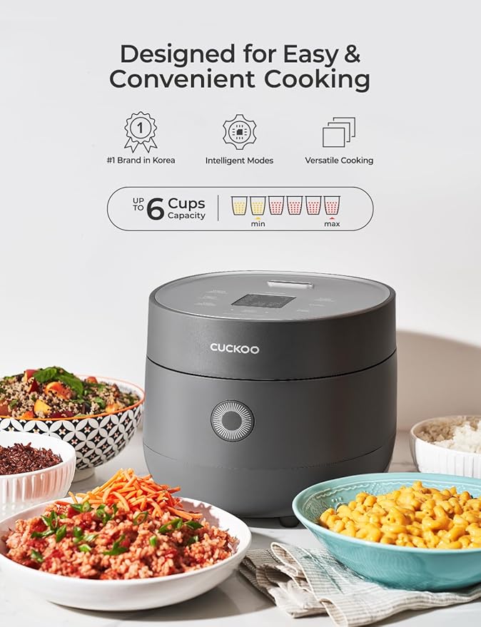 CUCKOO Rice Cooker 6 Cup Uncooked / 12 Cup Cooked, Modern Fuzzy Logic Rice Cooker Small with Delay Timer & Keep Warm Setting, Versatile Food Steamer for Cooking, Non-Stick Inner Pot, Gray (CR-0675FG)
