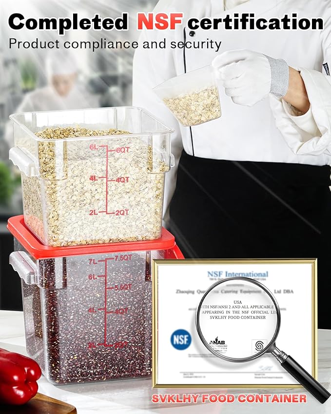 4QT NSF Food Storage Containers: 8 PCS [Food Grade][Hot&Cold Resistant] Commercial Clear Food Storage Containers with Lids for Restaurant Kitchen Proof Dough, Measuring Spoons Included(Red)