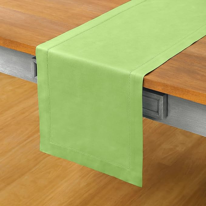 Solino Home Table Runner 90 Inches Long - Cotton Linen Hemstitch Apple Green Table Runner 14 x 90 Inch for Summer