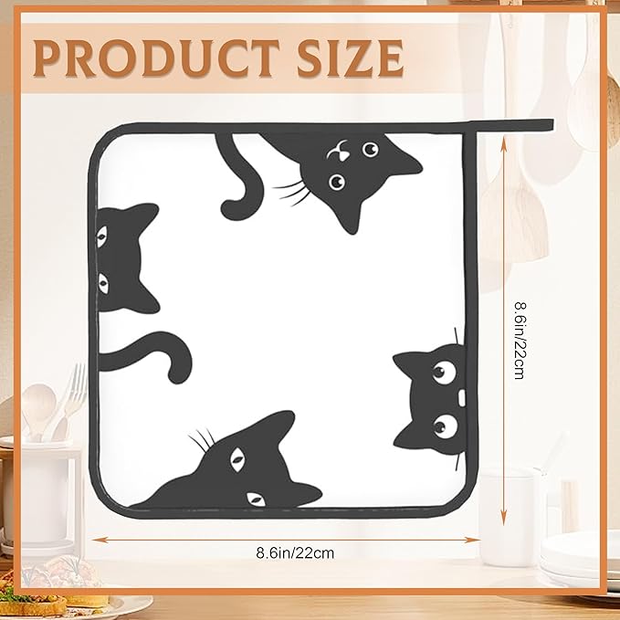 2PCS Black Cat Pot Holder with Loop,Heat Resistant Oven Pads, Hot Pat for Kitchen Cooking Baking Food