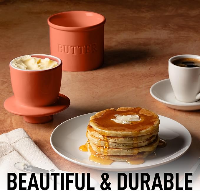Zulay Kitchen Porcelain Butter Crock With Lid & Knife - Authentic French Butter Dish For Fresh & Spreadable Butter - Terracotta