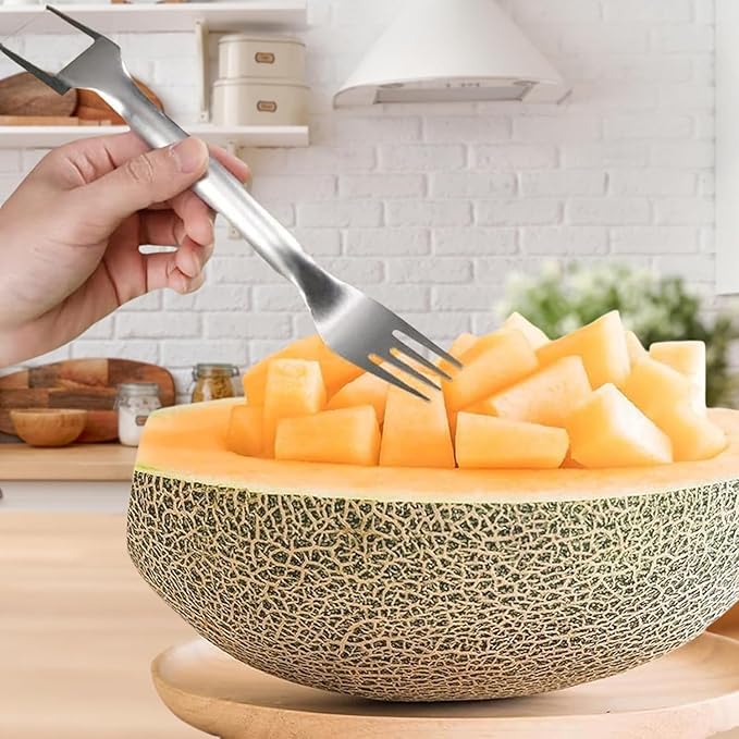 Watermelon Fork Slicer Cutter 2 in 1 & Melon Baller Scoop Set - Stainless Steel Fruits Cutter Kit, Fruit Carving Tools Watermelon Cutter Slicer Tool for DIY Fruit Salads, Melons, Kitchen Gadget (1)