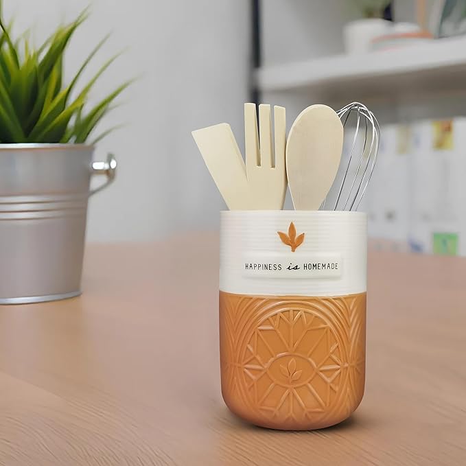 Young's Inc Modern Design Tool Holder with Wood Kitchen Tools, Ceramic Utensil Holder for Kitchen Counter, Cooking Spoon & Spatula Holder for Counter with Utensils, 6-inch Height