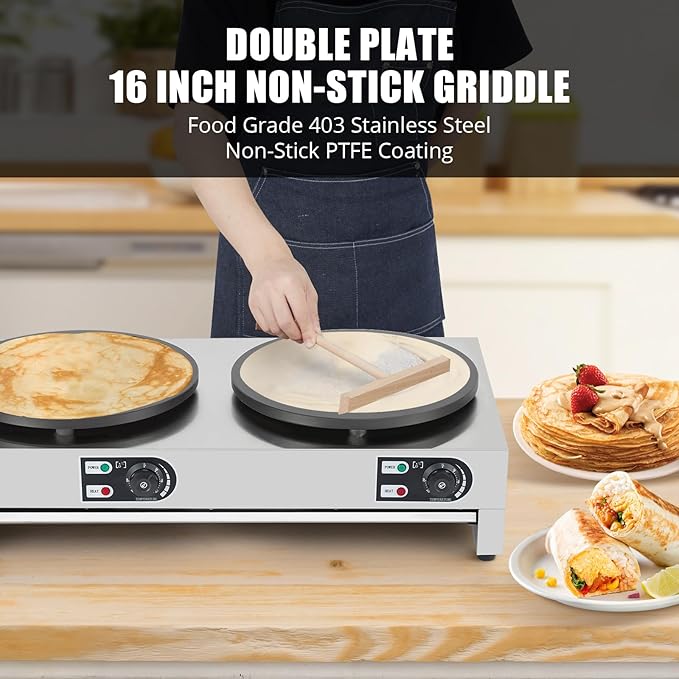 16" Commercial Electric Crepe Maker, 1500W+1500W Double Plate Pancake Maker Griddle, Adjustable Temp Control 110V Electric Crepe Machine for Blintzes, Eggs, Bacon