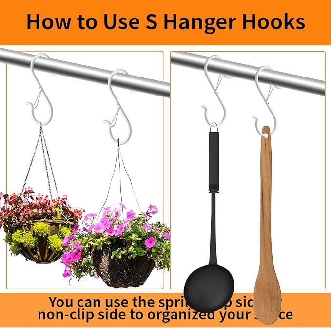 12 PCS S Hooks for Hanging with Safety Buckle, 3.5 inch Heavy Duty Metal S Shaped Hooks Stainless Steel for Hanging Kitchen Utensil, Cups, Pots, Plants, Bags, Hats (White)