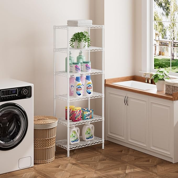 SINGAYE 6 Tier Shelf Adjustable Storage Wire Shelving Unit Metal Shelves Standing Closet Bathroom Organizers Pantry Kitchen Garage Laundry Room Organization Home Rack 12" D X 22" W X 69.5" H White