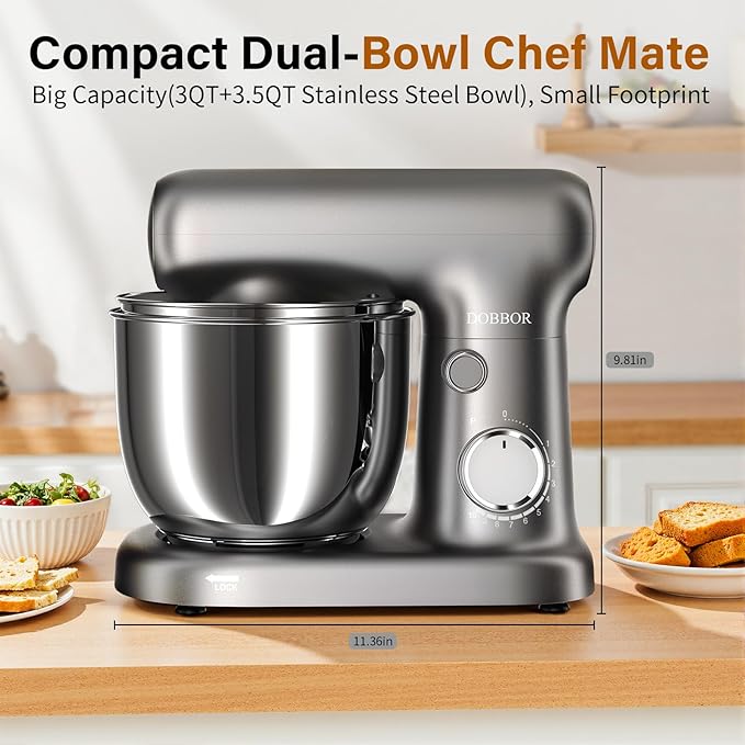 Stand Mixer with 3QT+3.5QT Dual Bowls, 10-Speed Electric 300W Food Mixer - Includes Egg Whisk, Dough Hook & Flat Beater for Home Baking & Daily Cooking (GraySilver)