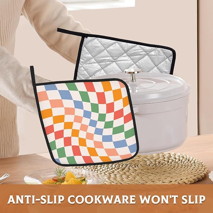 2 Pack Colorful Checkered Pot Holders for Kitchen Heat Resistant, Abstract Retro Wavy Potholders for Kitchens Washable for Cooking & Baking & Microwave