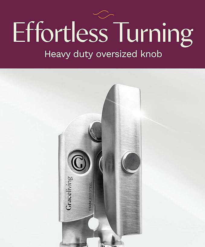 Premium Multifunctional Magnetic Manual Can Opener and Bottle Opener, Heavy Duty Stainless Steel Sharp Cutting Blade and Oversized Easy Turn Knob, Soft-Touch Handle, Kitchen Use, Black