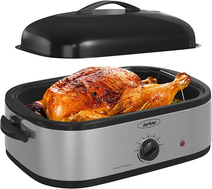 Sunvivi 14-Quart Roaster Oven with Self-Basting Lid, Electric Turkey Roaster Oven with Removable Pan and Rack, Stainless Steel, Silver