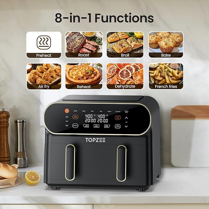 11-QT Large Air Fryer, 8-in-1 XL Airfryer with Flex Basket, Divider for Dual Cooking, Preheat Air Fry, Roast, Broil, Bake, Reheat, Dehydrate, French Fries Dishwasher Safe, w/Gold Border