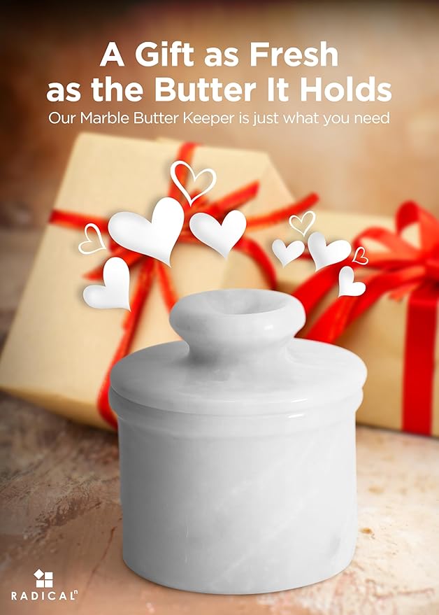 Radicaln Marble Butter Keeper 4.25'' Inches White Handmade French Butter Holder For Kitchen Counter Decor Ideal Butter Crock For Counter With Water & Butter Crock For Kitchen