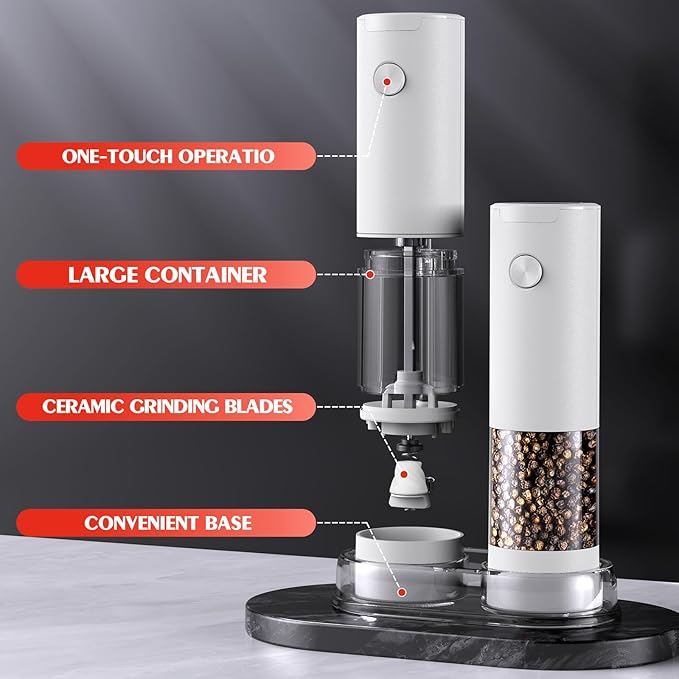 Electric Salt and Pepper Grinder Set Automatic Battery Pepper Mill Shakers Adjustable Coarseness Easy Filling Upgraded Larger Capacity with Led (2 Pack White/White）